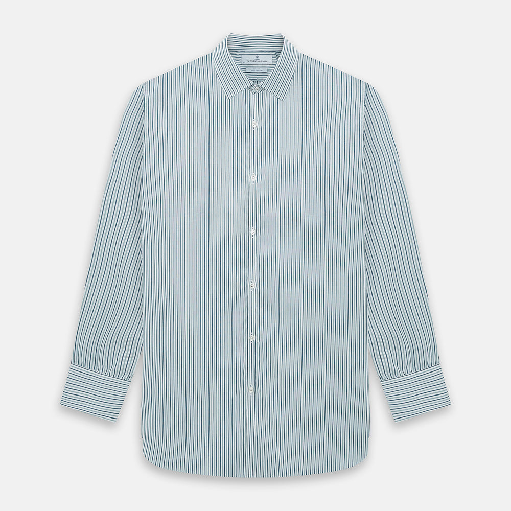 The GREEN DOUBLE STRIPE WESTMINSTER SHIRT by Turnbull & Asser features green and white vertical stripes, a pointed collar, buttoned cuffs, and a relaxed fit that highlights refined British craftsmanship.