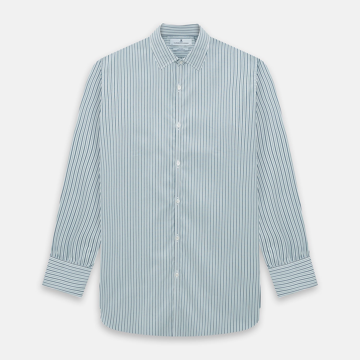 View 1 of product The GREEN DOUBLE STRIPE WESTMINSTER SHIRT by Turnbull & Asser features green and white vertical stripes, a pointed collar, buttoned cuffs, and a relaxed fit that highlights refined British craftsmanship.