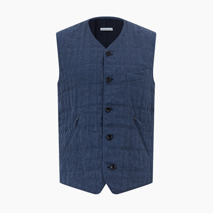 Denim Blue Quilted Linen Herringbone Waistcoat Image 5