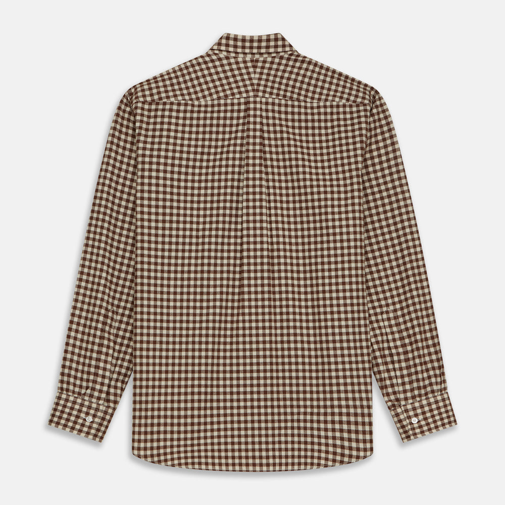 The Turnbull & Asser Brown Check Weekend Fit Shirt features a Derby collar, 1-button cuffs, and a brown check pattern—ideal for winter layering. Shown against a plain white background.