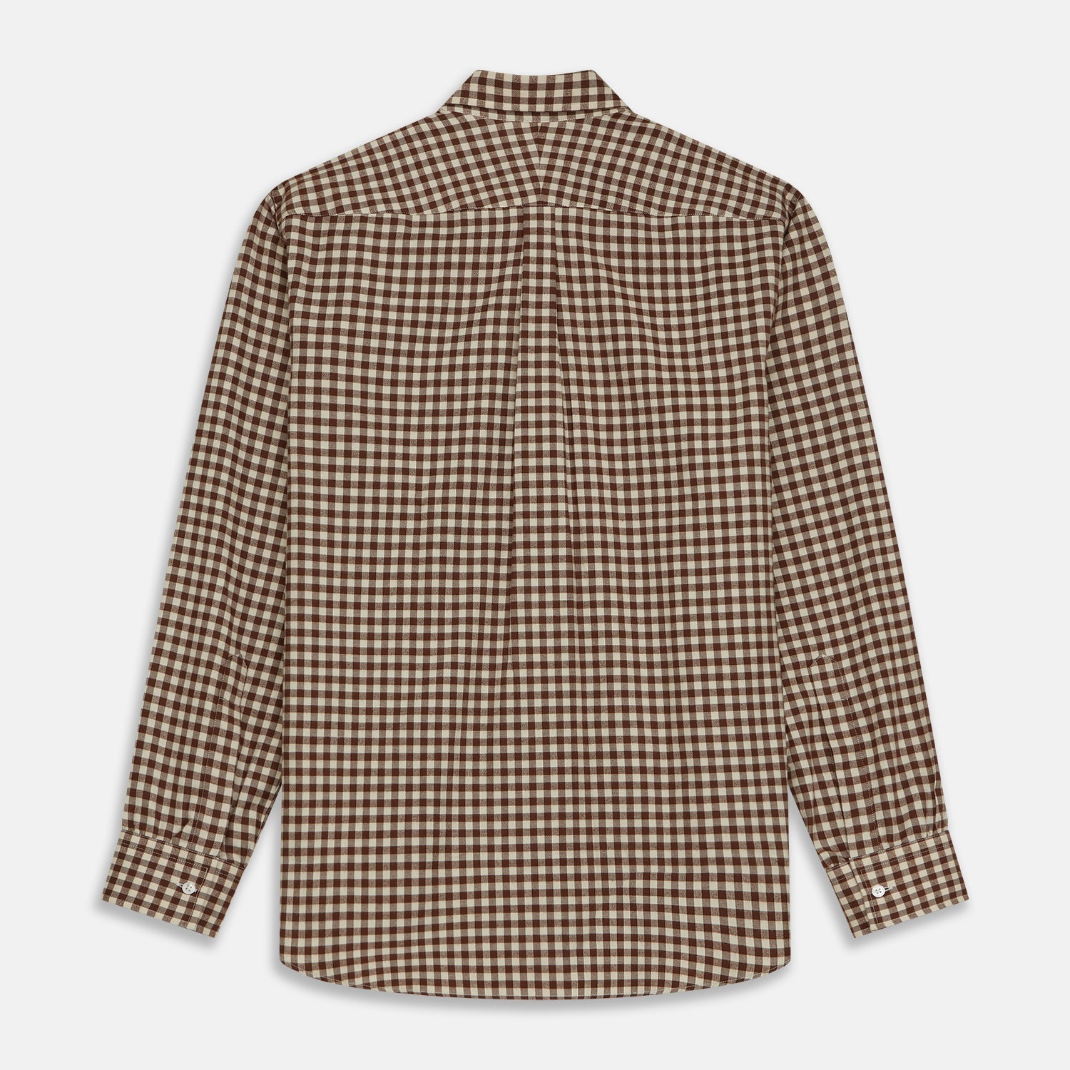 View 6 of product The Turnbull & Asser Brown Check Weekend Fit Shirt features a Derby collar, 1-button cuffs, and a brown check pattern—ideal for winter layering. Shown against a plain white background.