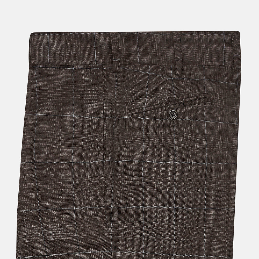 The Turnbull & Asser Brown Check Arthur Trousers feature a straight leg, button and zip closure, belt loops, and front pleats, shown against a plain white background.