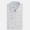View 4 of product The Turnbull & Asser Multicoloured Double Grid Check Mayfair Shirt, made from organic cotton, features long sleeves, a collar, and a blue, green, and red grid check on white. The shirt is shown neatly laid flat against a white background.