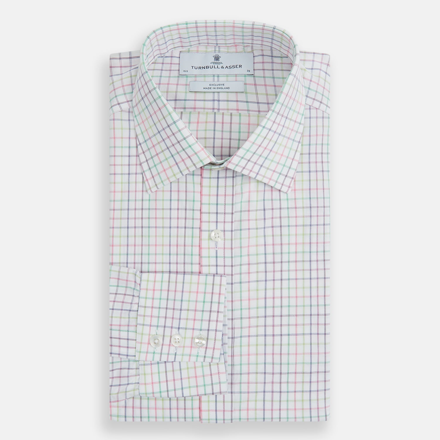 View 4 of product The Turnbull & Asser Multicoloured Double Grid Check Mayfair Shirt, made from organic cotton, features long sleeves, a collar, and a blue, green, and red grid check on white. The shirt is shown neatly laid flat against a white background.