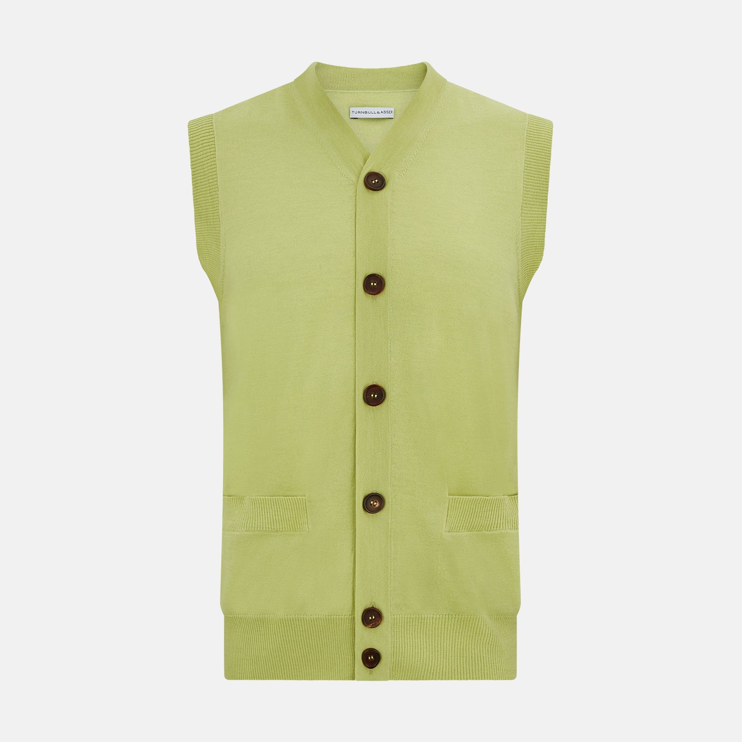 View 1 of product The Melon Green Fine Merino V-Neck Sleeveless Cardigan by Turnbull & Asser features a ribbed collar, five dark brown buttons, and two front pockets—adding sophisticated style to any ensemble, shown against a plain white background.