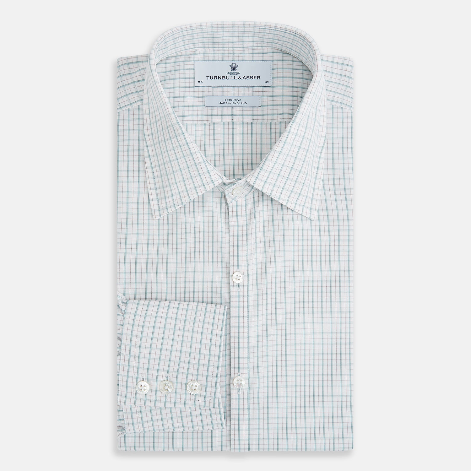 View 5 of product The Turnbull & Asser Turquoise and Red Multi Check Westminster shirt features long sleeves, a standard collar, and buttoned cuffs, showcasing fine British craftsmanship. It’s pictured laid flat on a white background.