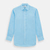 View 1 of product The Turnbull & Asser Turquoise Linen Mayfair Shirt features long sleeves and a collar, displayed neatly on a white background.