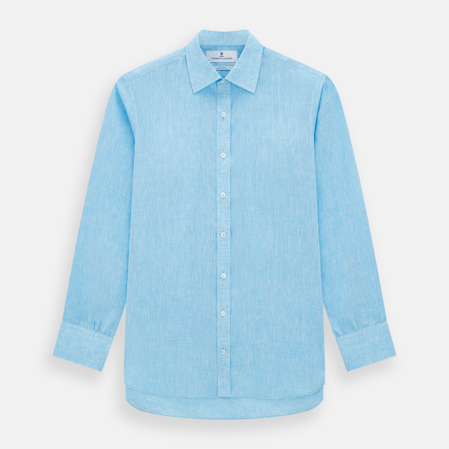 View 1 of product The Turnbull & Asser Turquoise Linen Mayfair Shirt features long sleeves and a collar, displayed neatly on a white background.