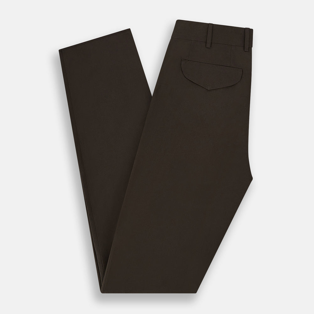A pair of straight-leg Moss Green Winston Trousers by Turnbull & Asser in high-twist cotton with belt loops, button closure, and side pockets, displayed on a plain white background.