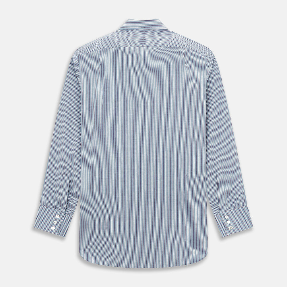The Steel Grey Ticking Stripe Mayfair Shirt by Turnbull & Asser is a long-sleeved, button-up shirt with a collar, crafted from fine Italian cotton and featuring slim steel grey and white stripes with white buttons for a classic touch.