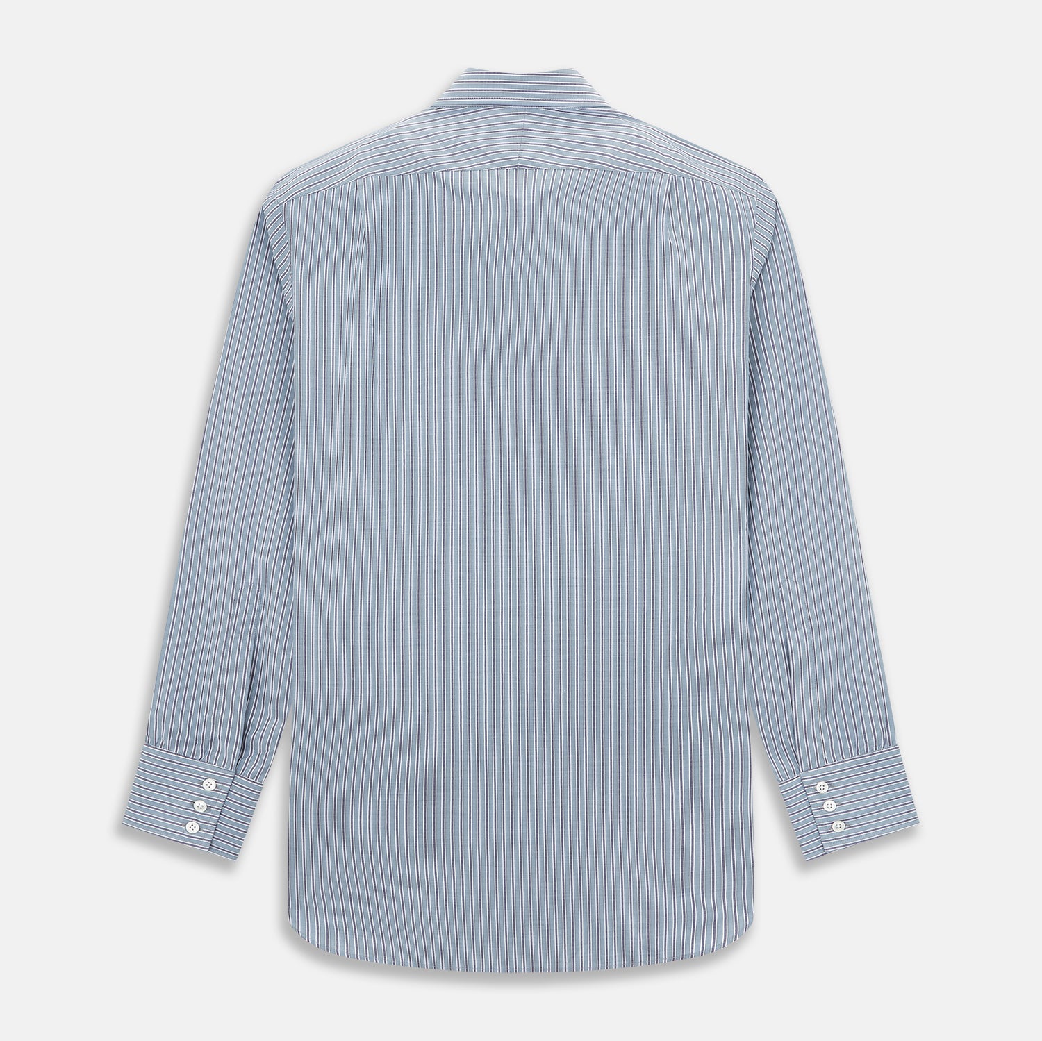 View 3 of product The Steel Grey Ticking Stripe Mayfair Shirt by Turnbull & Asser is a long-sleeved, button-up shirt with a collar, crafted from fine Italian cotton and featuring slim steel grey and white stripes with white buttons for a classic touch.