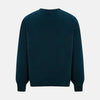 View 3 of product The Turnbull & Asser Dark Green Melange Cashmere Round Neck Jumper features long sleeves with ribbed cuffs and a ribbed hem, shown against a plain white background.