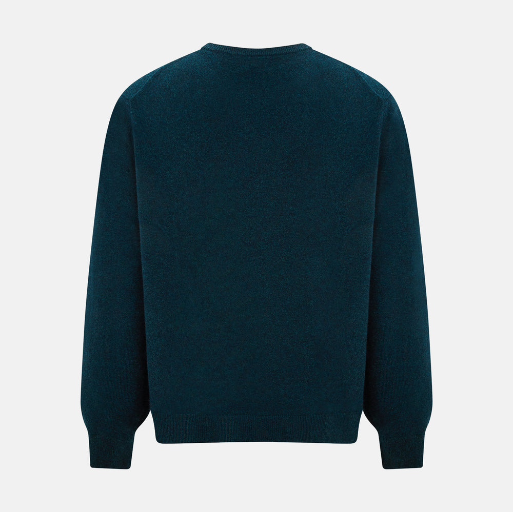 The Turnbull & Asser Dark Green Melange Cashmere Round Neck Jumper features long sleeves with ribbed cuffs and a ribbed hem, shown against a plain white background.