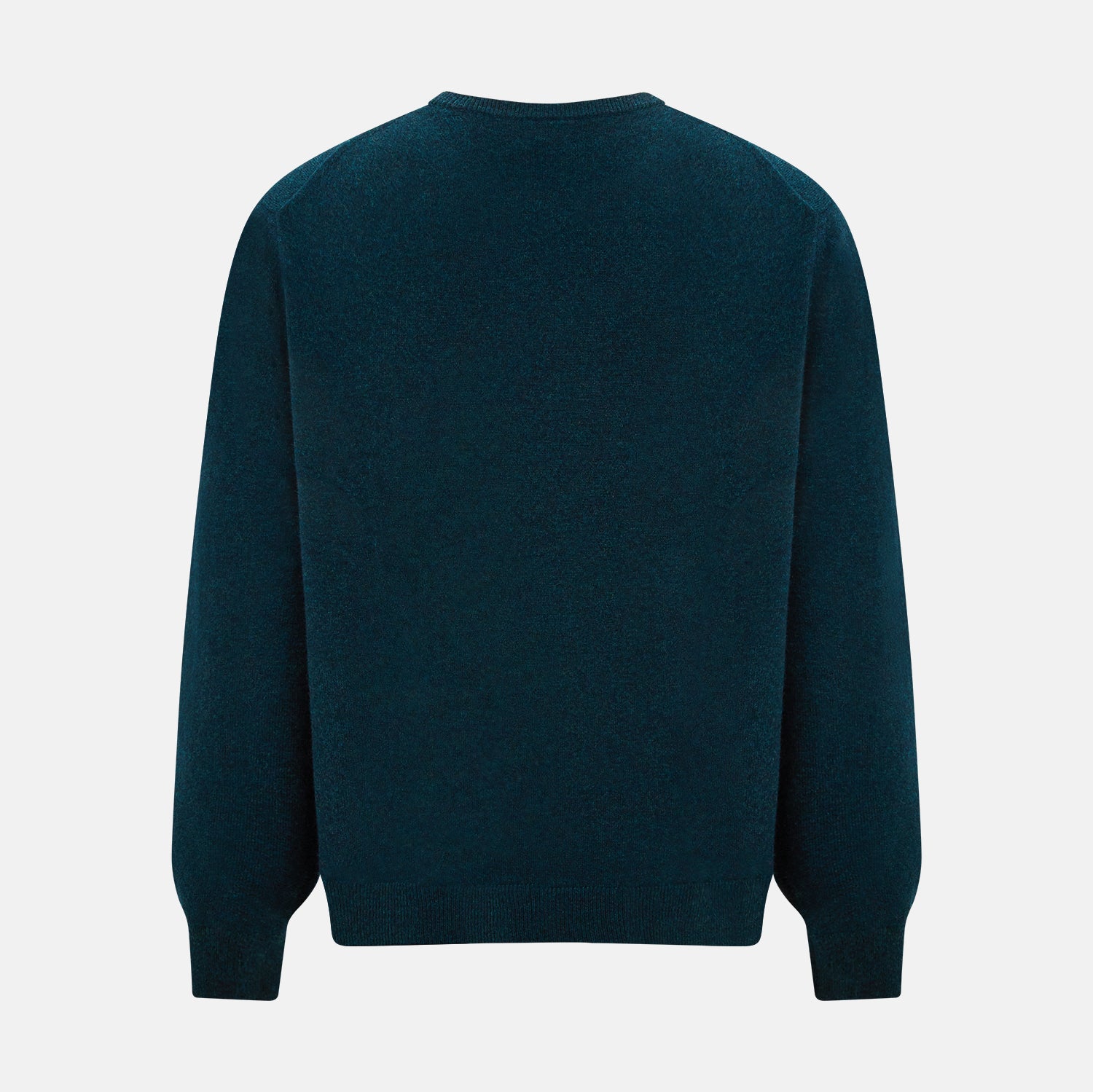 View 3 of product The Turnbull & Asser Dark Green Melange Cashmere Round Neck Jumper features long sleeves with ribbed cuffs and a ribbed hem, shown against a plain white background.