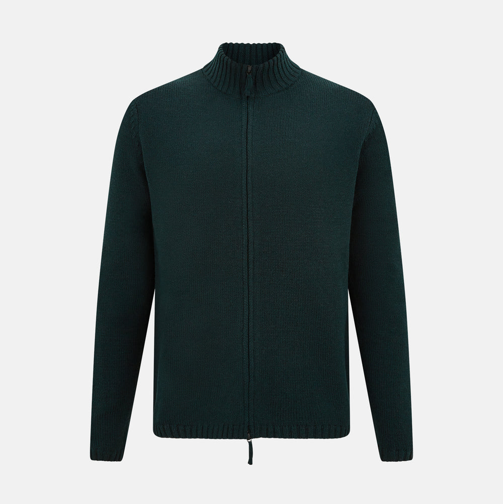 The Turnbull & Asser Forest Green Merino High Neck Zipped Cardigan features long sleeves, a ribbed high neck, cuffs, and hem, shown against a plain white background.