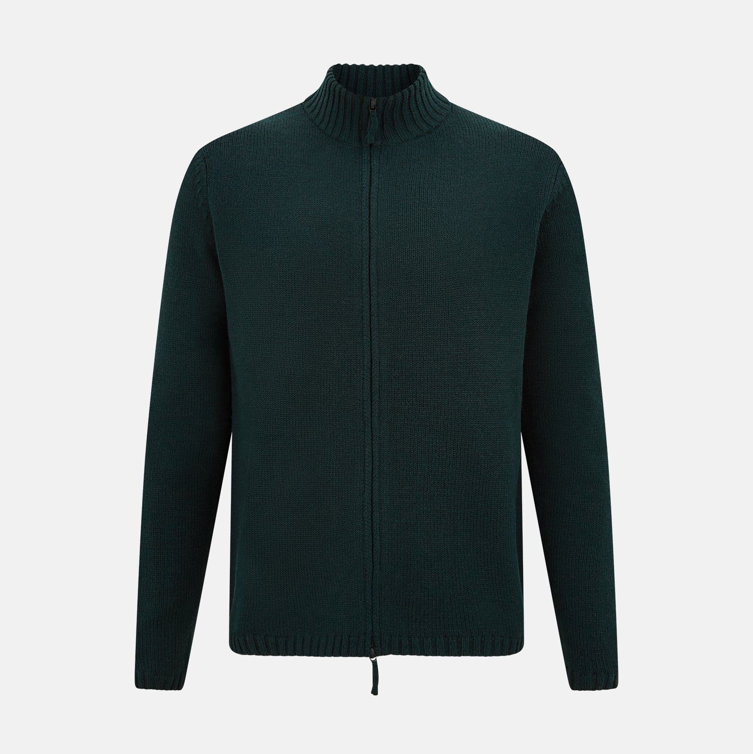 View 1 of product The Turnbull & Asser Forest Green Merino High Neck Zipped Cardigan features long sleeves, a ribbed high neck, cuffs, and hem, shown against a plain white background.