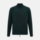 The Turnbull & Asser Forest Green Merino High Neck Zipped Cardigan features long sleeves, a ribbed high neck, cuffs, and hem, shown against a plain white background.