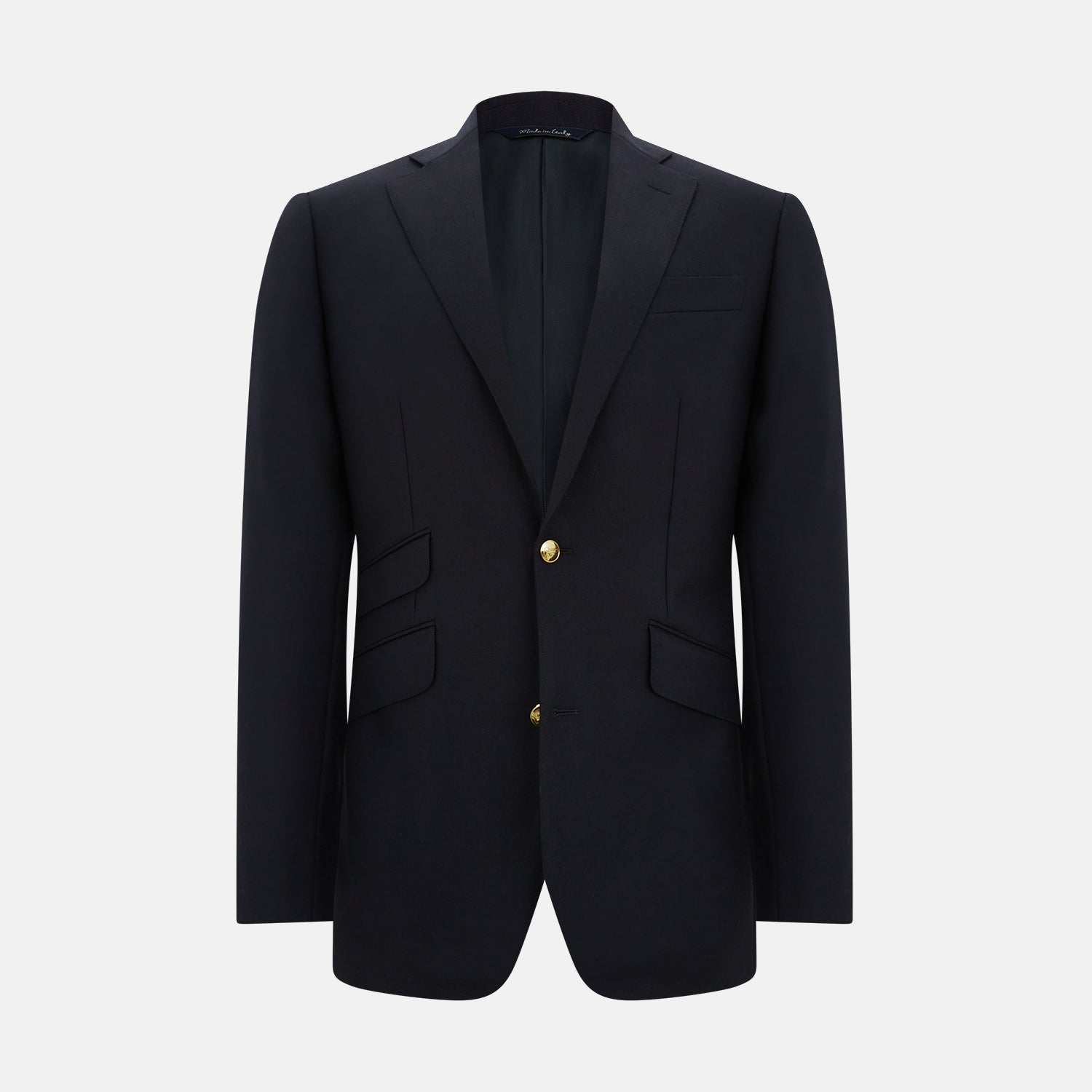 View 1 of product The Turnbull & Asser Navy Single Breasted Classic Blazer features notch lapels, two gold buttons, and three front pockets, inspired by British tailoring and shown against a plain white background.