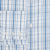 View 4 of product The Turnbull & Asser Blue Plaid Check Mayfair Shirt is a long-sleeve, button-down shirt with a T&A collar and blue and white plaid pattern, shown on a white background.