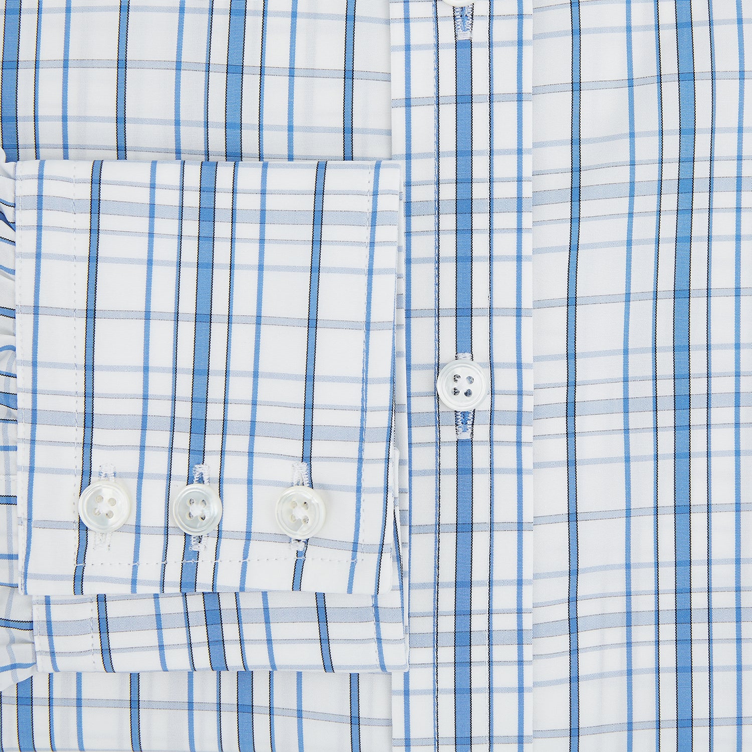 View 4 of product The Turnbull & Asser Blue Plaid Check Mayfair Shirt is a long-sleeve, button-down shirt with a T&A collar and blue and white plaid pattern, shown on a white background.