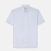 View 1 of product The Turnbull & Asser Pale Blue Stripe Cotton Weekend Fit Williams Shirt features short sleeves, a collar, a single chest pocket, and Italian cotton material, displayed on a plain white background.