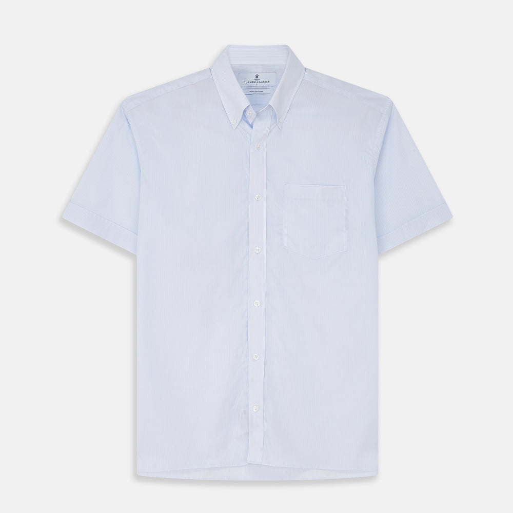 The Turnbull & Asser Pale Blue Stripe Cotton Weekend Fit Williams Shirt features short sleeves, a collar, a single chest pocket, and Italian cotton material, displayed on a plain white background.