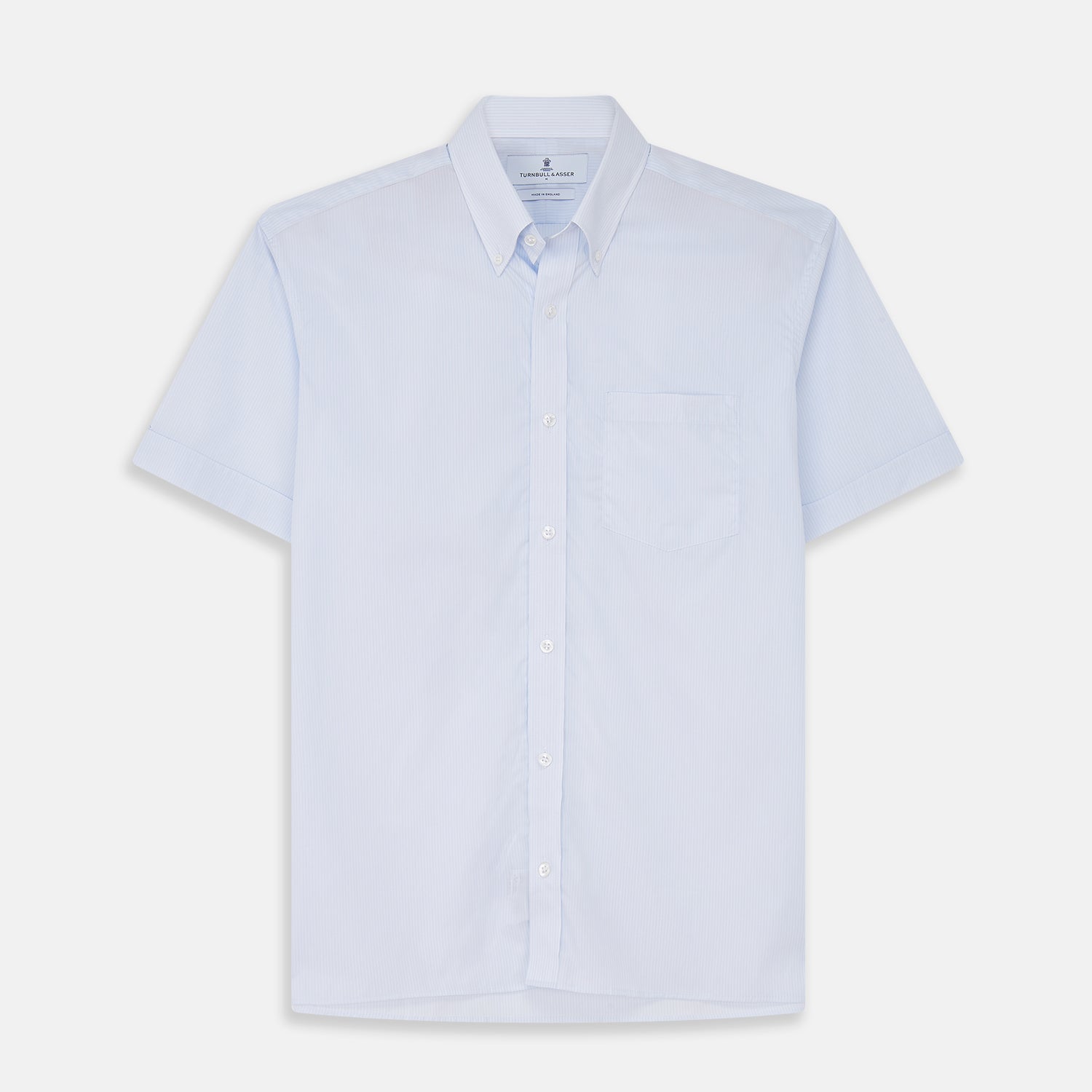 View 1 of product The Turnbull & Asser Pale Blue Stripe Cotton Weekend Fit Williams Shirt features short sleeves, a collar, a single chest pocket, and Italian cotton material, displayed on a plain white background.