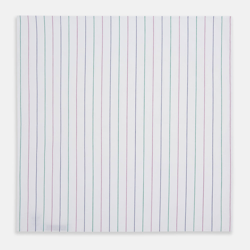 The Turnbull & Asser Hand Rolled Pink and Green Pinstripe Handkerchief features a simple striped pattern in blue, green, and pink, echoing the timeless elegance of a classic gentleman's accessory.