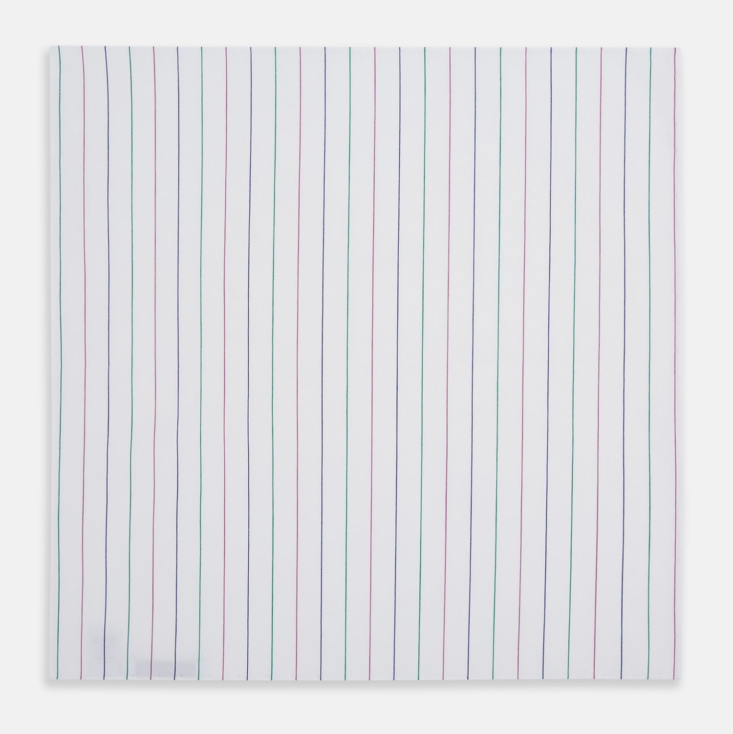 View 3 of product The Turnbull & Asser Hand Rolled Pink and Green Pinstripe Handkerchief features a simple striped pattern in blue, green, and pink, echoing the timeless elegance of a classic gentleman's accessory.