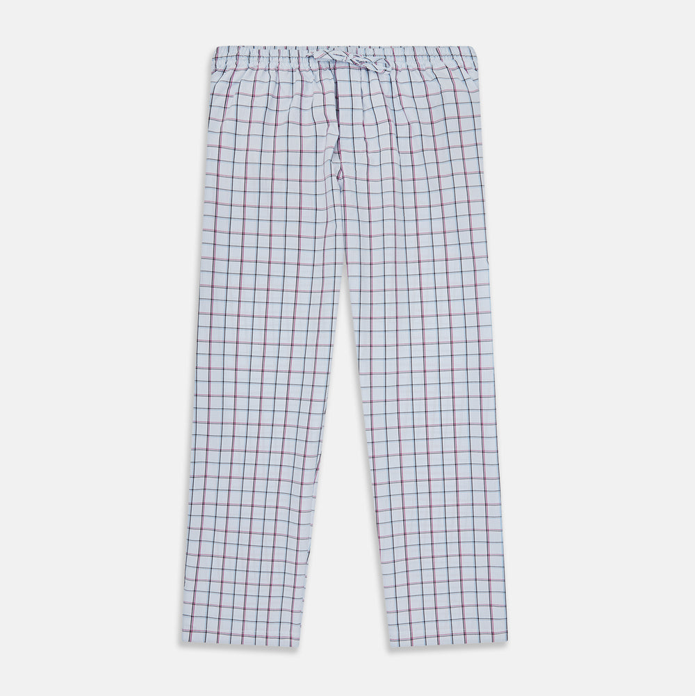Turnbull & Asser Blue and Pink Tattersall Check Pyjama Trousers with an elastic waistband and straight legs, shown laid flat on a plain white background.