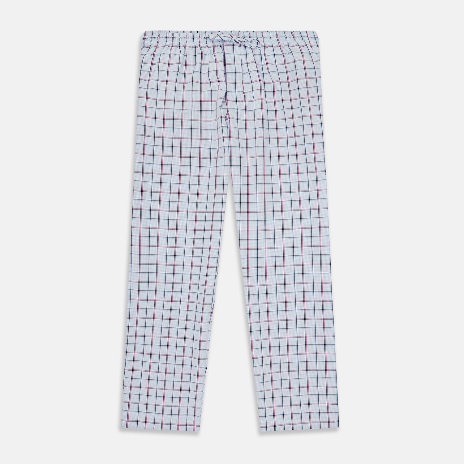 View 2 of product Turnbull & Asser Blue and Pink Tattersall Check Pyjama Trousers with an elastic waistband and straight legs, shown laid flat on a plain white background.
