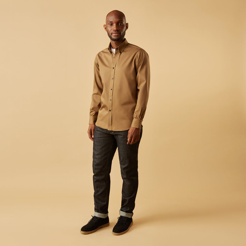 The Turnbull & Asser Khaki Weekend Fit Hayne Shirt features a Dorset collar and 1-button cuffs. Displayed on a plain white background.