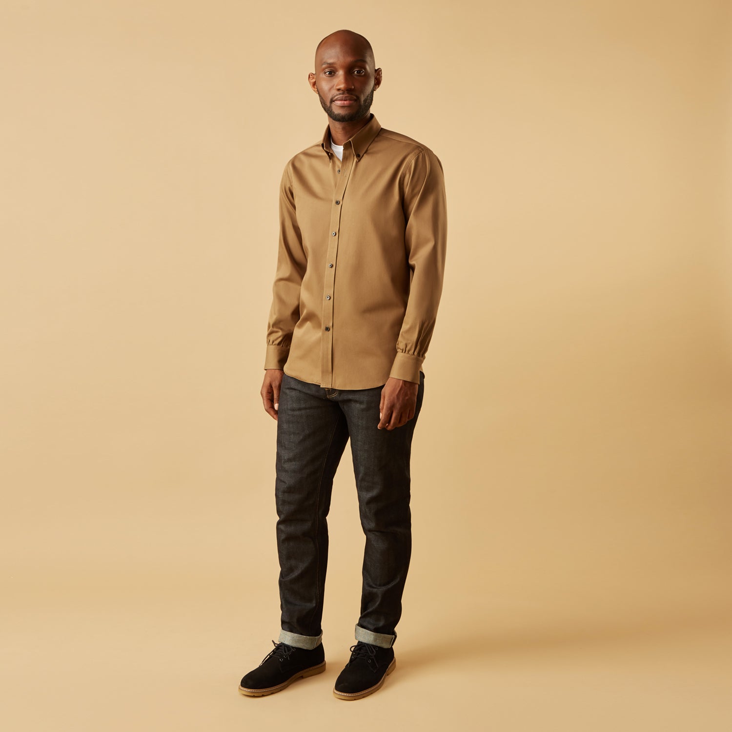 View 6 of product The Turnbull & Asser Khaki Weekend Fit Hayne Shirt features a Dorset collar and 1-button cuffs. Displayed on a plain white background.