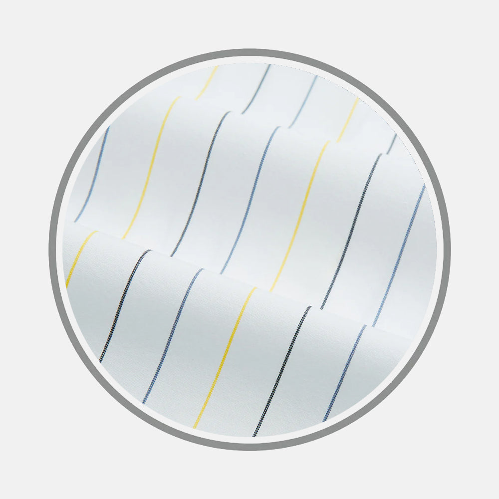 Close-up of Turnbull & Asser's Yellow and Blue Double Stripe Fabric, featuring white material with evenly spaced yellow, blue, and black vertical stripes, viewed through a circular frame on a plain white background.