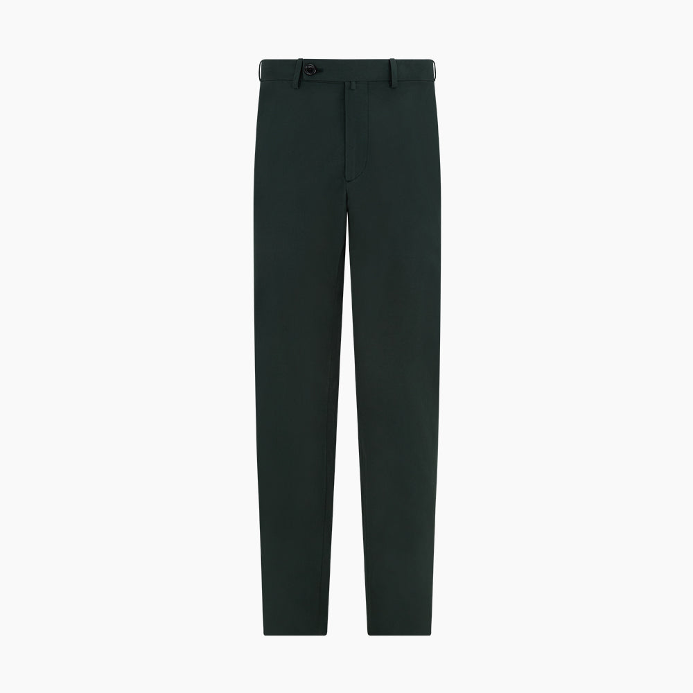 The Hunter Green Winston Trousers by Turnbull & Asser are crafted in high-twist cotton with straight legs, belt loops, button closure, and front zipper, shown against a plain light background.