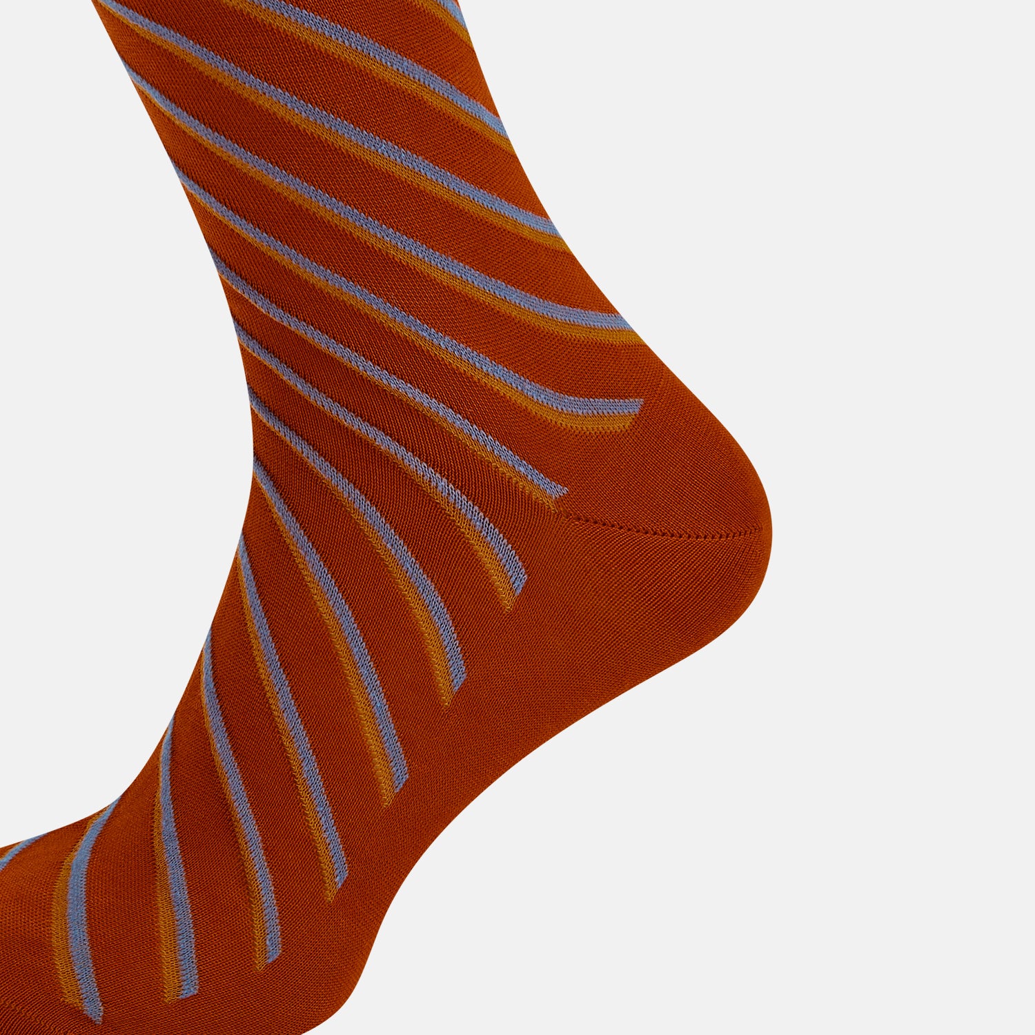 View 4 of product Turnbull & Asser Rust/orange/blue Diagonal Striped Long Sock shown knee-high and single on a white background.