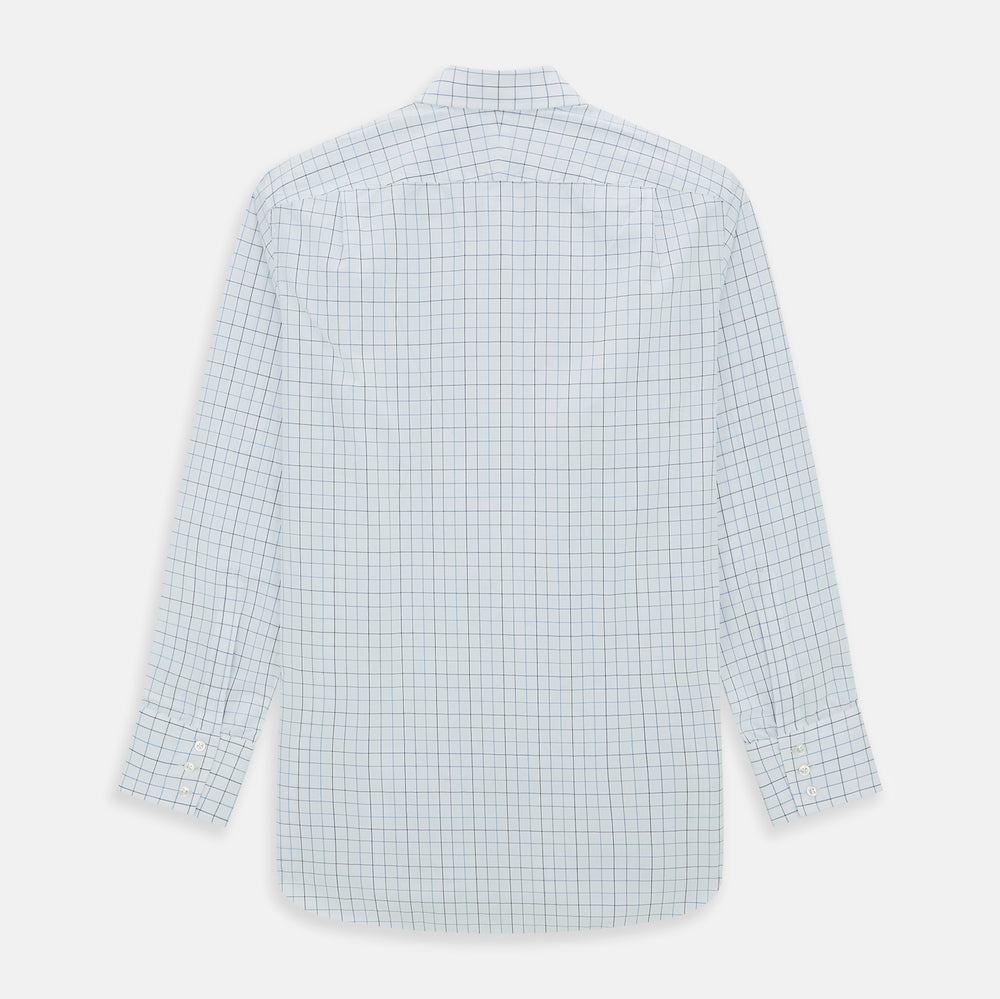 The Blue Grid Check Mayfair Shirt by Turnbull & Asser is a long-sleeve, button-up shirt with a T&A collar, crafted from organic cotton in a light and dark blue grid pattern, shown flat against a white background.