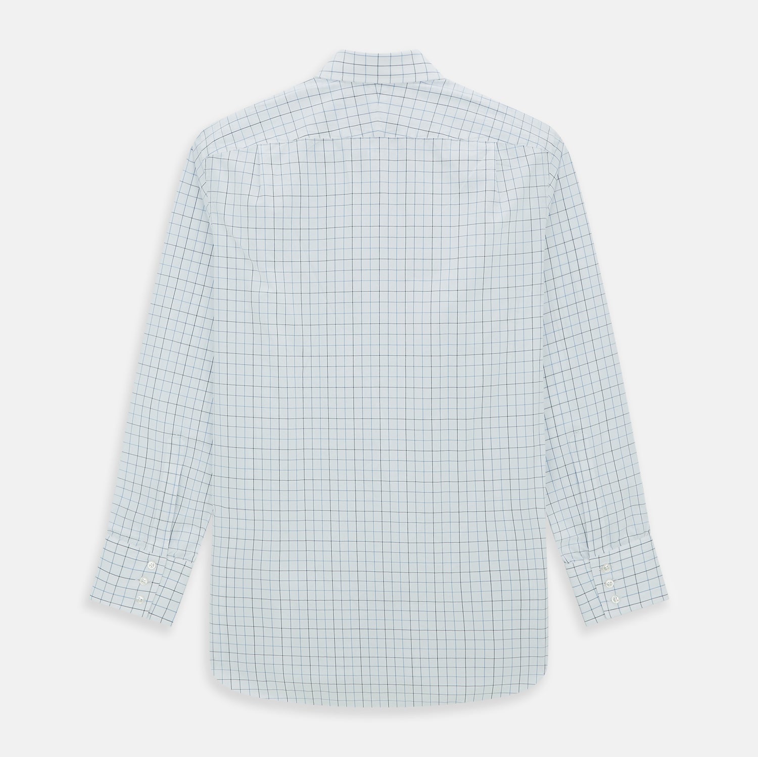 View 3 of product The Blue Grid Check Mayfair Shirt by Turnbull & Asser is a long-sleeve, button-up shirt with a T&A collar, crafted from organic cotton in a light and dark blue grid pattern, shown flat against a white background.