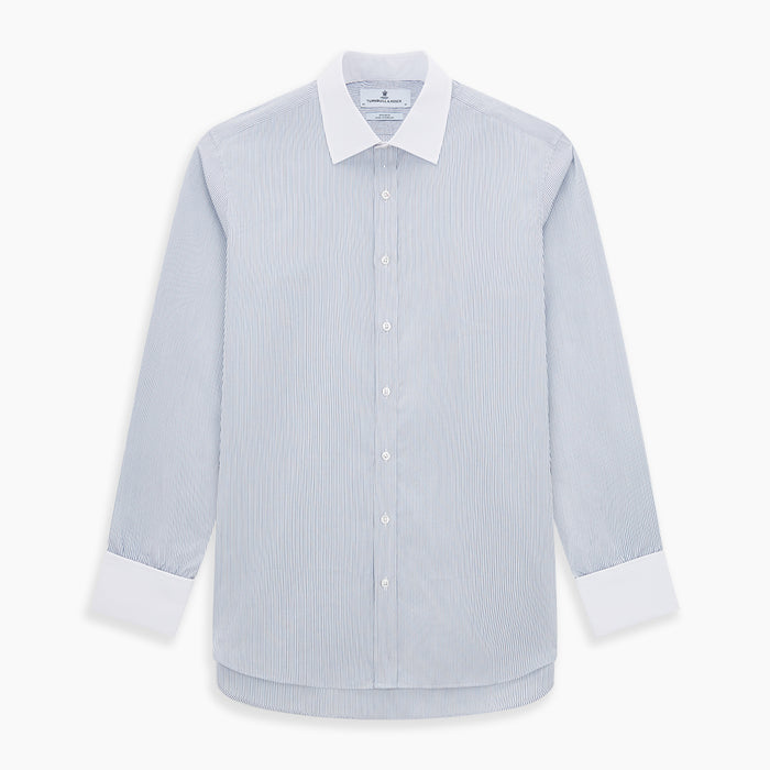 Navy and Blue Ticking Stripe Shirt with Contrast Collar and Double Cuffs Image 6