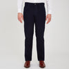 View 2 of product Turnbull & Asser Navy Moleskin Trousers featuring straight-leg design, front and back pockets, button closure, and belt loops, showcased on a plain white background.