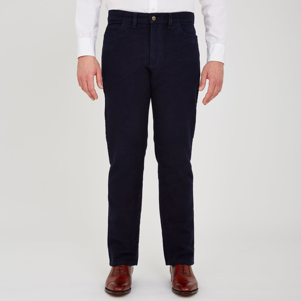 Turnbull & Asser Navy Moleskin Trousers featuring straight-leg design, front and back pockets, button closure, and belt loops, showcased on a plain white background.