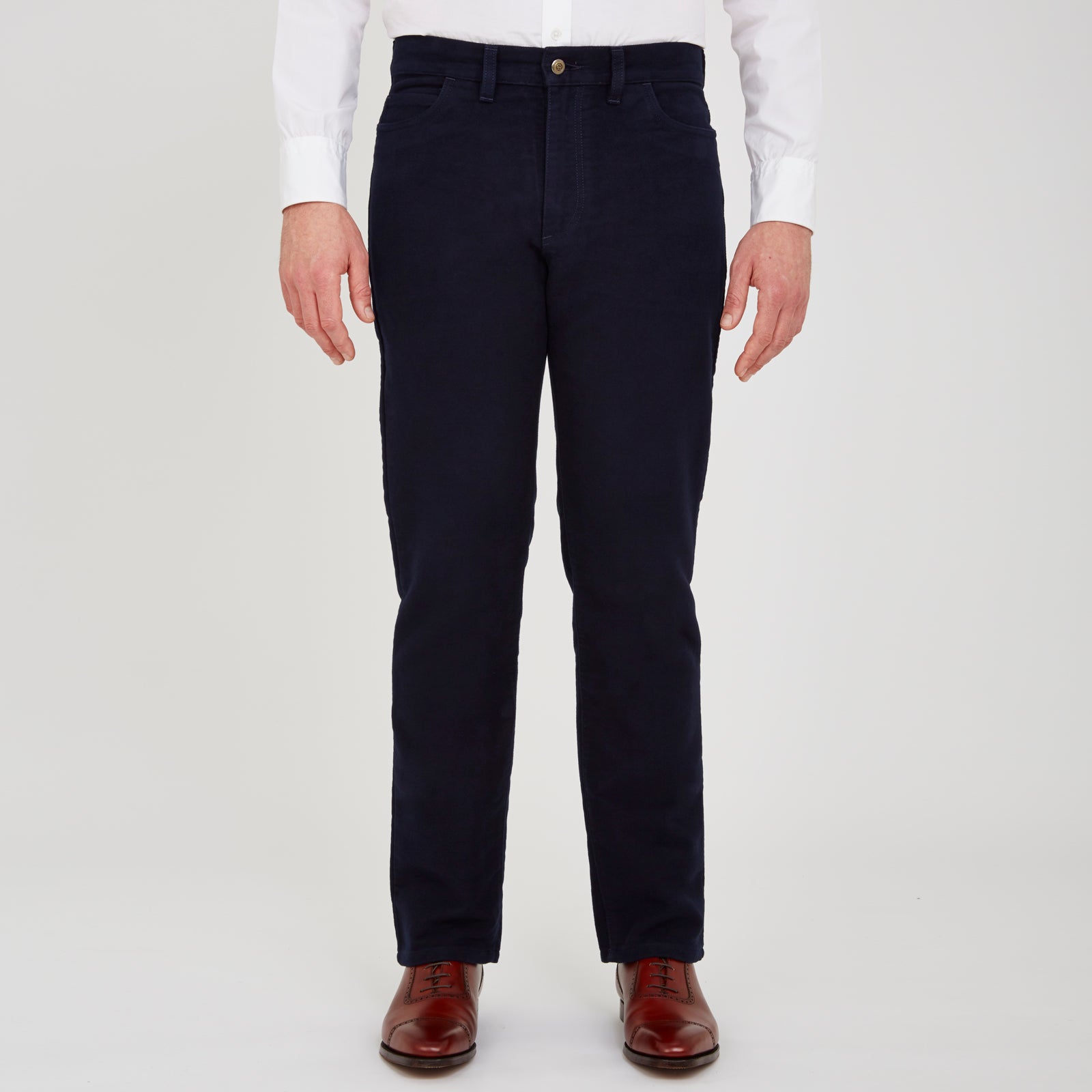 View 2 of product Turnbull & Asser Navy Moleskin Trousers featuring straight-leg design, front and back pockets, button closure, and belt loops, showcased on a plain white background.