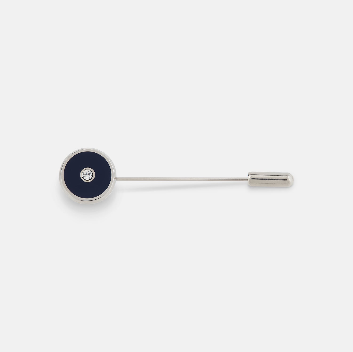 View 1 of product The Turnbull & Asser Navy Gemstone Lapel Pin is a sterling silver accessory with a circular navy gemstone head, shown on a plain white background.