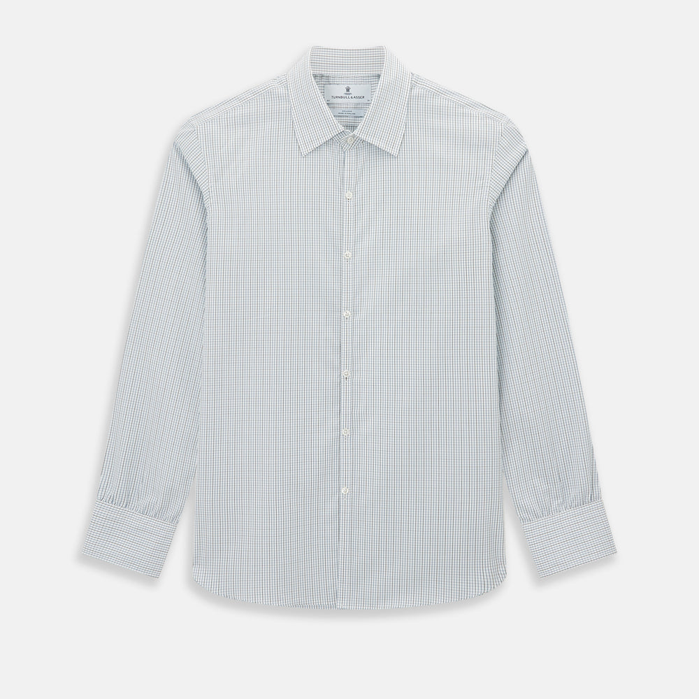 The Pale Blue and Navy Grid Check Westminster Shirt by Turnbull & Asser features a button-down front and pointed collar, highlighting fine British craftsmanship, displayed on a white background.