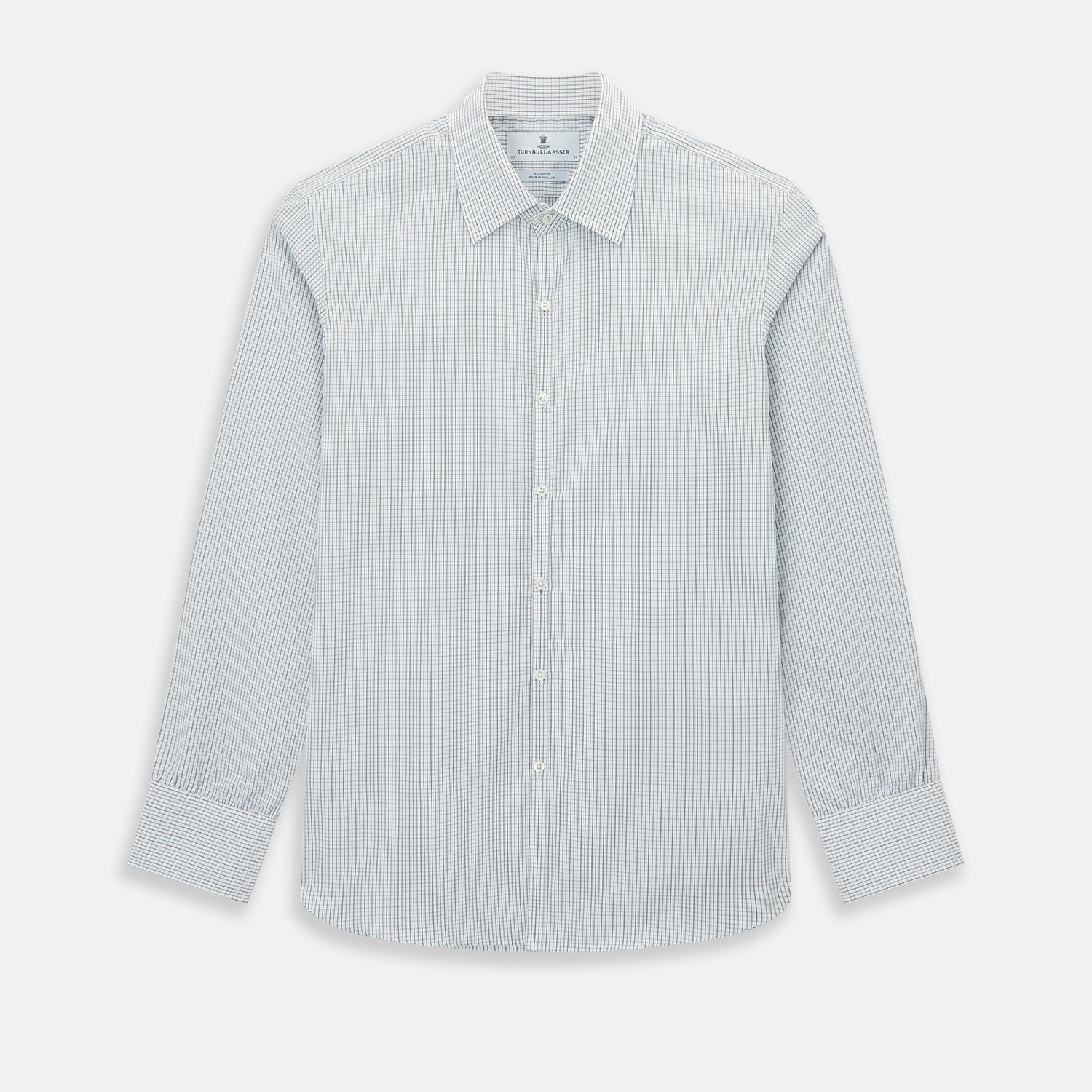 View 1 of product The Pale Blue and Navy Grid Check Westminster Shirt by Turnbull & Asser features a button-down front and pointed collar, highlighting fine British craftsmanship, displayed on a white background.