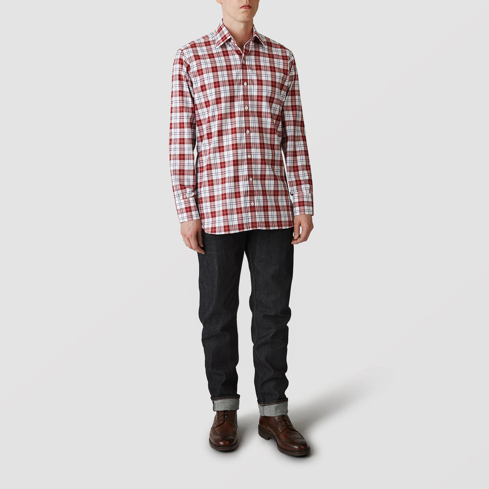 The Turnbull & Asser Red Check Shirt, featuring a T&A collar and 3-button cuffs, is displayed laid flat on a white background.