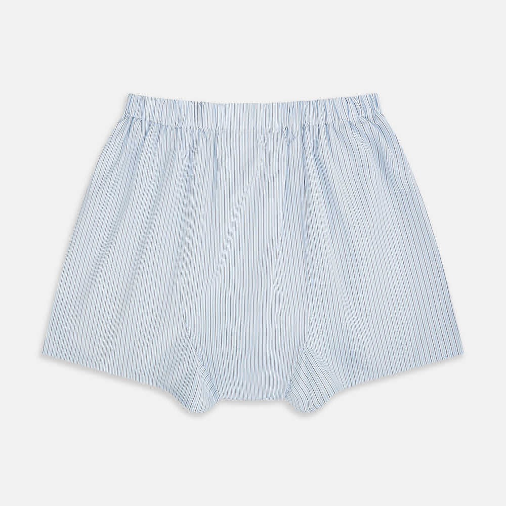 Light Blue Multi Stripe Godfrey Boxer Shorts by Turnbull & Asser, crafted from premium Italian cotton with an elastic waistband, shown laid flat on a white background.