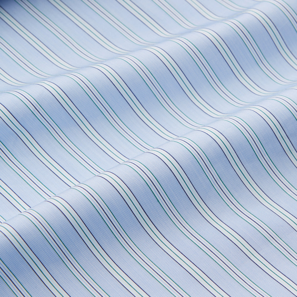 The Turnbull & Asser Blue and Green Stripe Poplin Cotton Nightshirt features long sleeves, a rounded hem, front pocket, green-trimmed collar and pocket, and front buttons—ideal men's nightwear for any season.