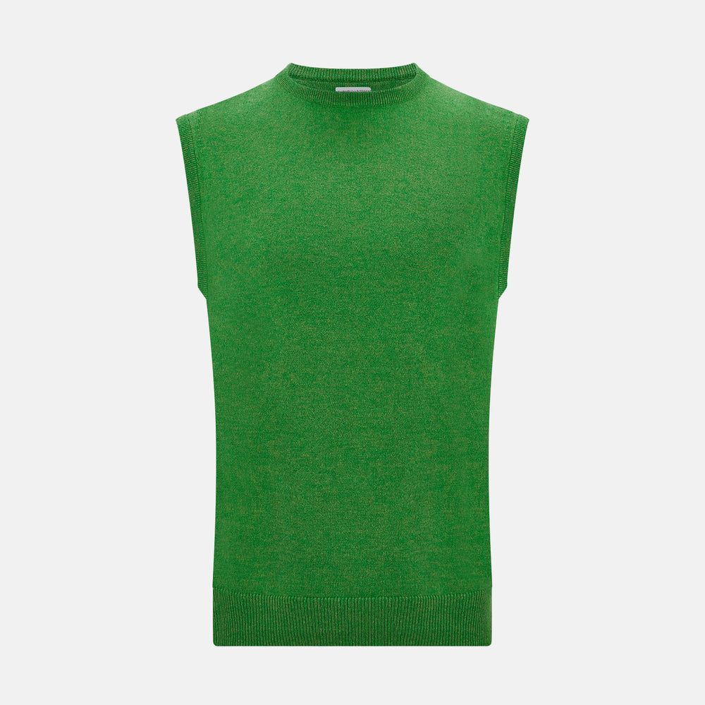 The Turnbull & Asser Grass Green Cashmere Round Neck Vest is a sleeveless knit with ribbed edges, shown here against a plain white background.