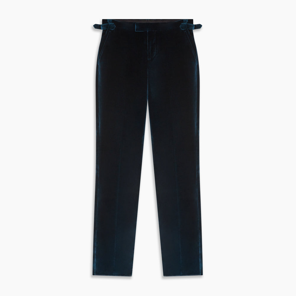 The Teal Velvet Jonathan Trousers by Turnbull & Asser feature a side tab adjuster, straight legs, and a concealed front closure for a refined tailored look, shown on a white background.